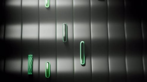 3D-Animation in Schleifenform von Glas- und Kunststoffelementen, die sich über eine wellenförmige Metalloberfläche bewegen