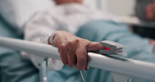 Healthcare, sick and hands with pulse oximeter, check and measuring blood oxygen levels in hospital