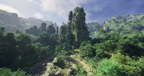 Majestic Stone Formations Rise Among Lush Green Foliage in Vibrant Landscape