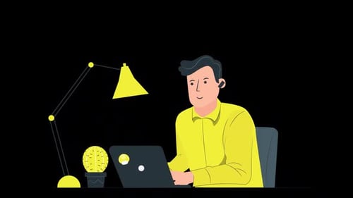Flat Design Animated Man Working on Laptop at Desk