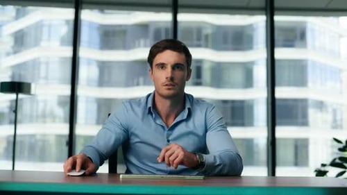 Man Using Transparent Display Working Office Close Up