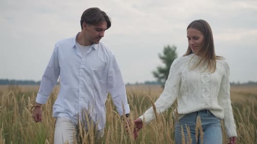 Portrait de Dolly Shot d'un jeune couple aimant marchant dans un champ d'automne touchant des tiges de blé et tenant