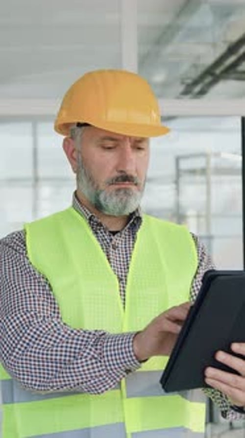 Attractive Professional Experienced Serious Bearded 50Aged Engineer in Safety Helmet and Lightgreen