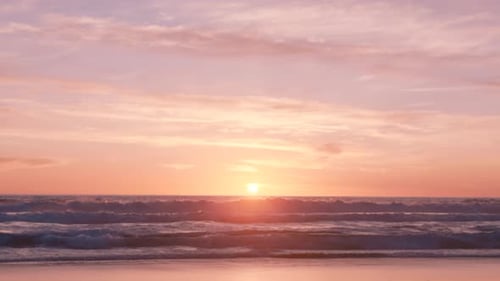 Beach waves, sunset and tropical horizon environment for peace, calm sunshine