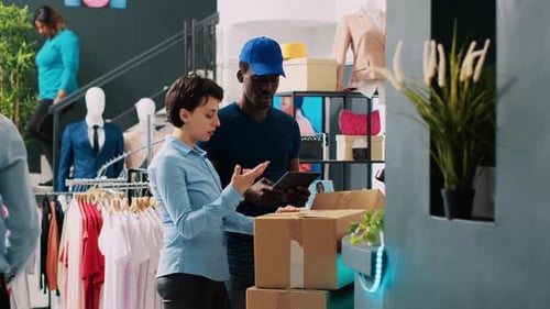 Stylish Worker Helping Deliveryman