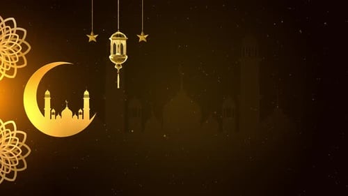 Golden Ramadan Background with Mosque, Crescent Moon, and Lantern