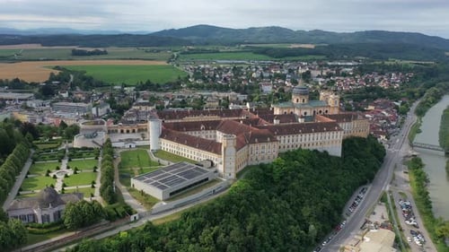 Aerial View of the Historic Benedictine Monastery on a Cliff Above the Danube River in Melk and Its