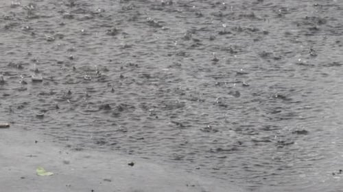 Regentropfen plätschern während eines Sturms in einer Wasserpfütze.