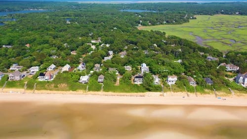Drone Aerial of Beach Houses and Sand Flats by the Coast