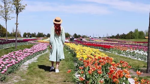 A young girl in a straw hat running through a tulip field in slow motion