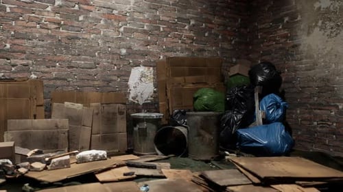 Trash Accumulation in an Empty Room with Brick Walls and Cardboard Boxes