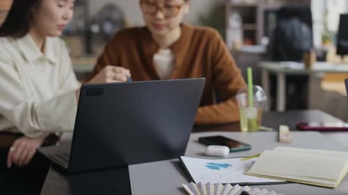 Female Coworkers Discussing Business Plan on Laptop at Office with Asian Decor