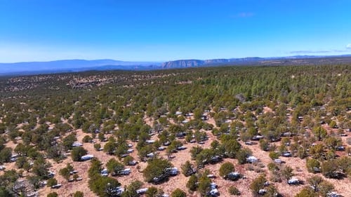 Aerial view of desert landscape with hills and trees, United States.