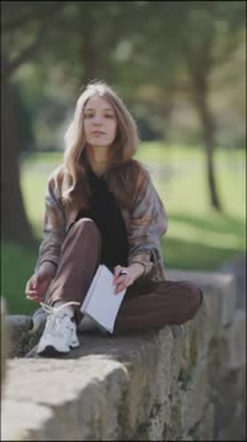 Woman Sits on Wall Reading Notebook in Park