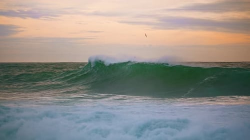 Ocean Wave Rolling Dusk Seaside at Cloudy Sky. Amazing Morning Sea Landscape