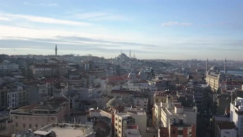 Istanbul Turkey Cityscape Drone Aerial. Residental Buildings and Blue Mosque Under Golden Hour Sunli