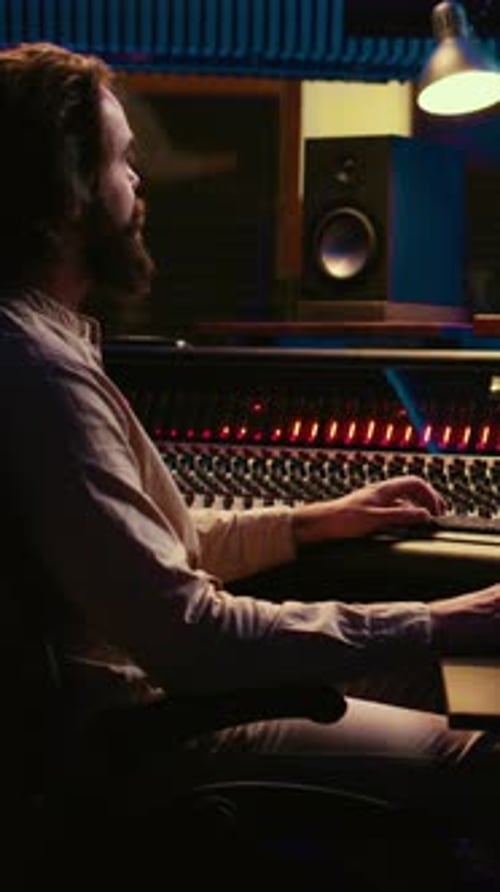 Vertical Video Sound Designer Processing and Mixing Tunes in Control Room