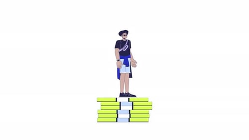 Latin american man standing on money stack line 2D character animation