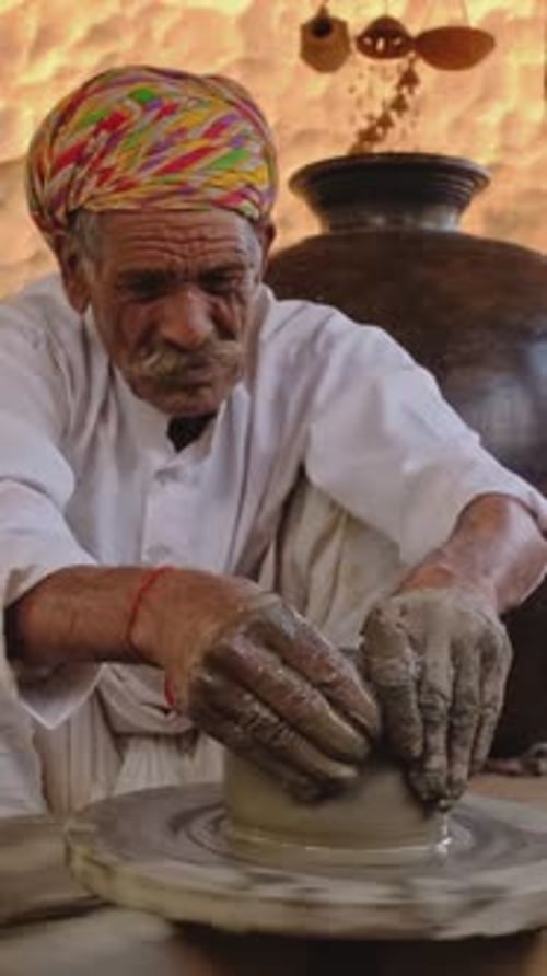 Potier professionnel qualifié qui lance le tour de potier et façonne un pot dans un atelier de poterie