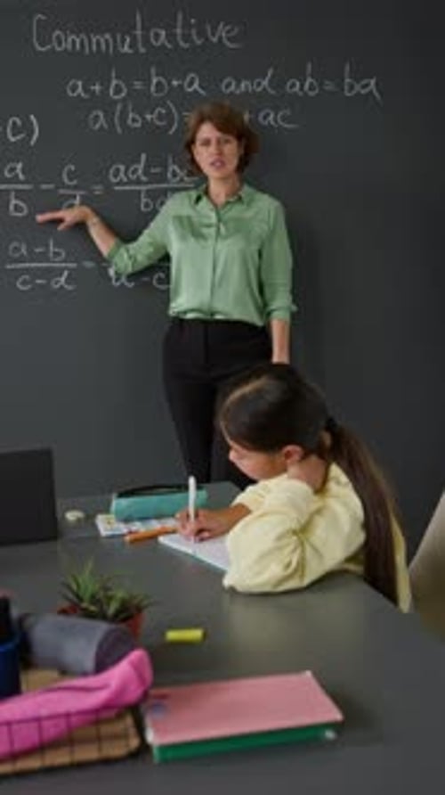 Teacher Explaining Mathematical Formulas on Chalkboard to Students in school
