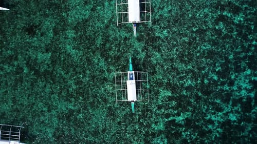 Bateaux de pêche avec des touristes se déplaçant au-dessus d'un récif corallien dans des eaux bleues claires