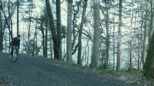 Youth cycles towards edge of path and down hill