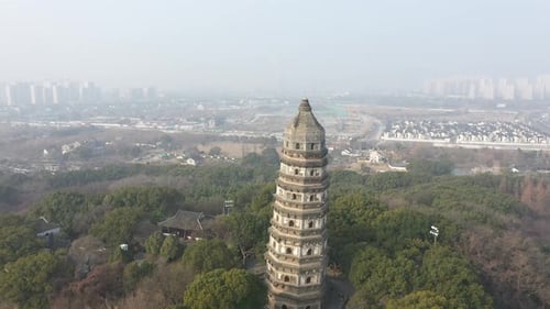 Aerial View of Suzhou’s Tiger Hill Park Scenery and Leaning Pagoda Suzhou City Jiangsu Province