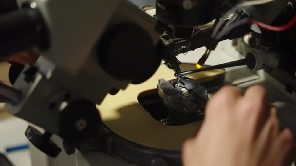 Macro Closeup of Semiconductor Microchip Under Microscope on Probe ...