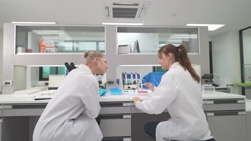 Scientists working together in modern laboratory setting