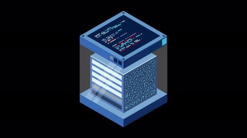 Isometric futuristic server animation. Isometric database or data center. Abstract blockchain
