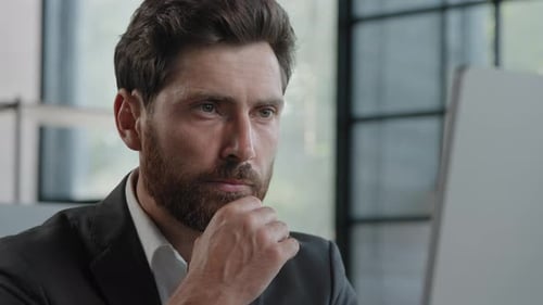 Portrait Thoughtful Pensive Bearded 40s Male Businessman Working on Pc Computer at Modern Office