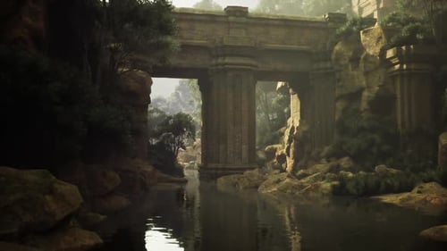 Calm Dawn Over Jungle River with Mist and Natural Stone Formations