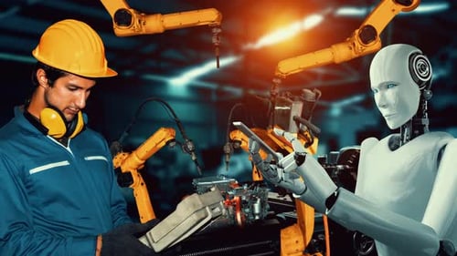 Cybernated Industry Robot and Human Worker Working Together in Future Factory