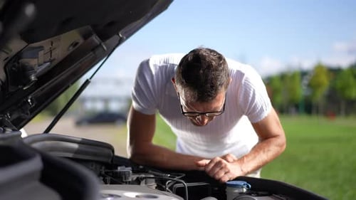Adult Man Checking Engine of Broken Car Outdoors on Sunny Spring Summer Day Portrait of Focused