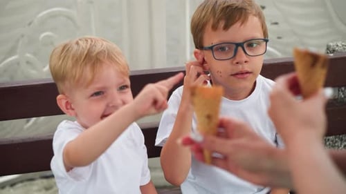 Cheerful Boys Eating Ice Cream on Sunny Day