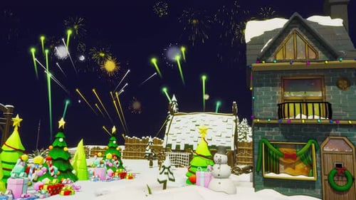 Christmas Village Scene with Colorful Fireworks Display