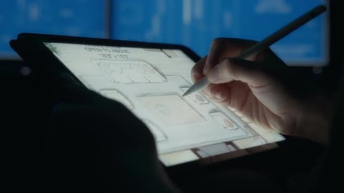 Creative Professional Sketches a Blueprint on a Tablet