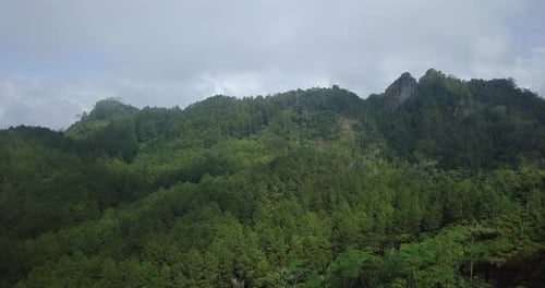 forward Aerial footage dense of forest and hills in cloudy weather. seen long steep hills and steep