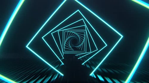 Cyan Square Neon Spiral Tunnel Background VJ Loop l 4K