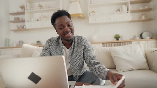 Portrait of Happy Freelancer Working with Computer at Home Office Black Man African American Male