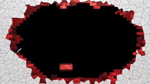 Destruction of a brick wall with plaster. Many flying and falling brick walls.