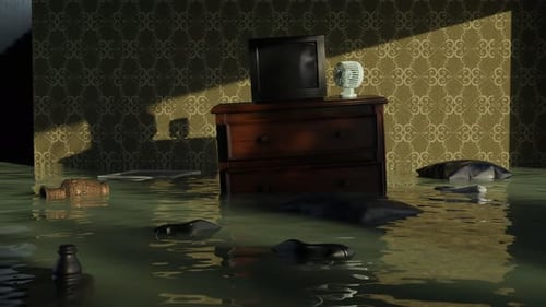 Durchflutetes Retro-Wohnzimmer mit Vintage-Möbeln. Konzept des Klimawandels