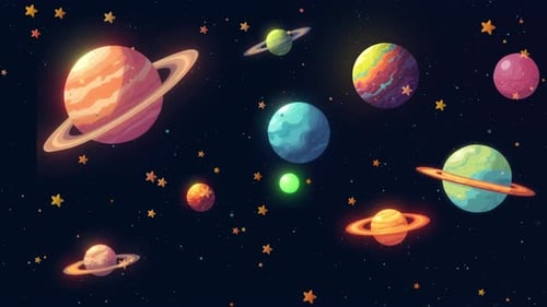 Animated Colorful Cartoon Planets and Stars in Space Background