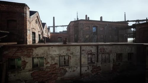 Abandoned Factory with Collapsing Brick Buildings Over Time in Desolate Location
