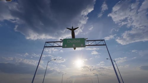 Dubai City Road Sign - Airplane Arriving To Dubai Airport