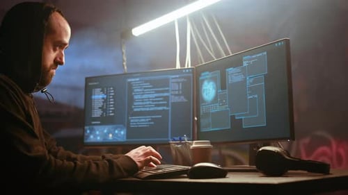 Man Coding on Computers in Dark Urban Setting