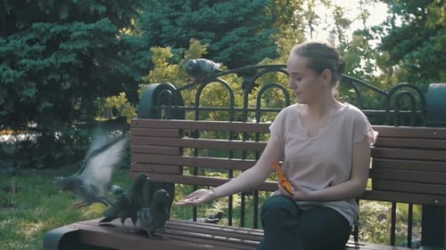 Junges glückliches Mädchen füttert Tauben im Park auf einer Bank