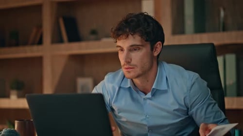 Financial Manager Rejoicing Success Working Late Workplace Close Up Man Dancing