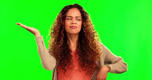 Thinking, green screen and woman scale balance, decision and brainstorming choice