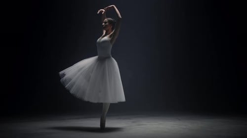 Young ballerina gracefully dancing under spotlight on theatre stage